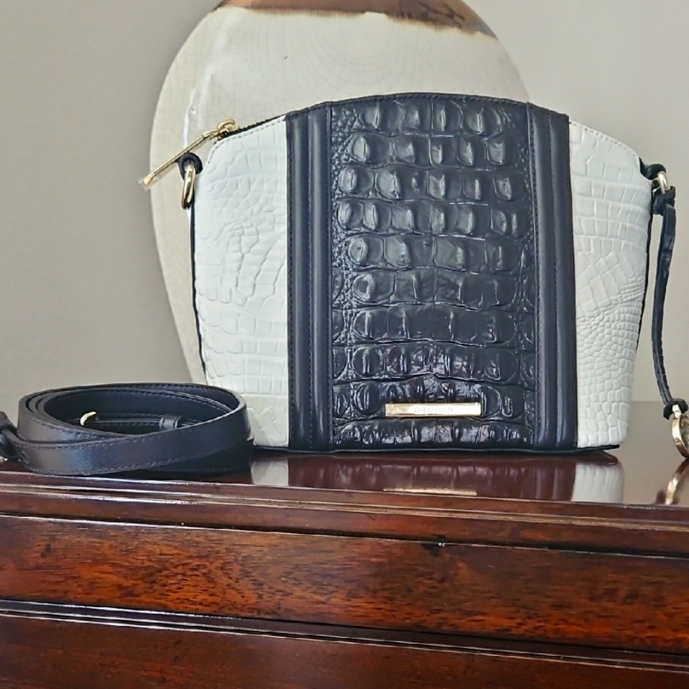 Brahmin Black and White Croc-Embossed Dome Crossbody